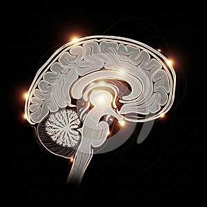 Of a human brain cross section on a black background highlighting