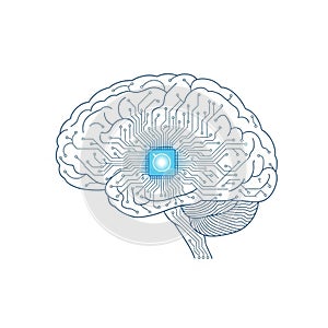 A human brain with integrated circuit patterns symbolizing artificial