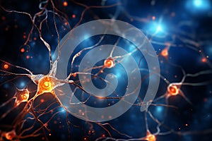 Illustration of human brain and neuron cells with intricate neural network and cognitive processes