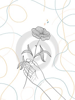 Illustration of a human hand holding a flower