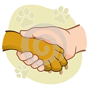 Illustration human hand holding a paw, Caucasian descent.