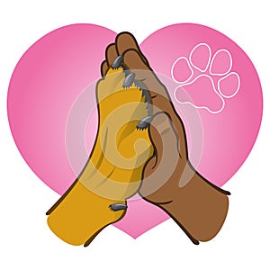 Illustration human hand holding a paw, heart, African descent