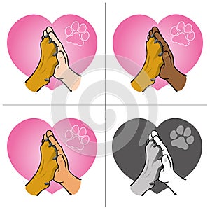 Illustration human hand holding a paw, heart, ethnicities