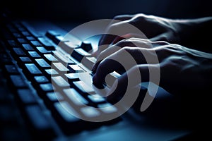 Illustration of a human hand using comoputer keyboard. Generative AI