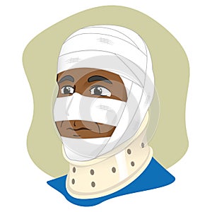 Illustration of a human head with bandages using cervical collar to immobilize the neck, afro descendant photo