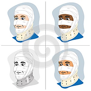 Illustration of a human head with bandages using cervical collar to immobilize the neck, ethnic