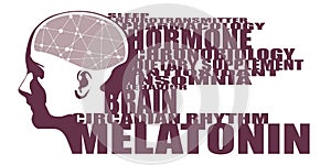 Illustration of a human head with brain textured by line and dots pattern. Melatonin relative words cloud