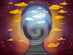 Illustration of a human head with a light consciousness and a ladder to achieve harmony and health. The path to freedom, to the