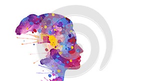 Illustration of human head silhouette with abstract watercolor splashes