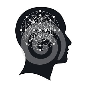 Illustration of a human head silhouette with a complex geometric pattern inside, representing the mind, thought, and intelligence