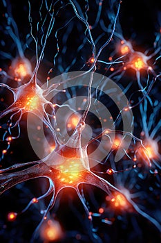 Illustration of a human nerve cell on a dark blue background with light effects. Generative AI