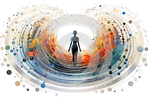 Illustration of human shape silhouette and colorful cosmic chakras energy