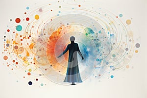 Illustration of human shape silhouette and colorful cosmic chakras energy