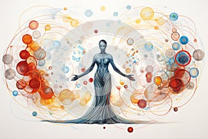 Illustration of human shape silhouette and colorful cosmic chakras energy