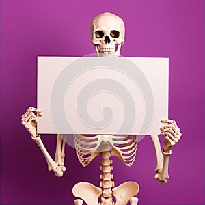 Halloween Human Skeleton Holding Blank Sign Purple Background