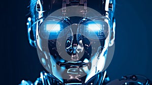 Humanoid robot with eyeglasses in blue light