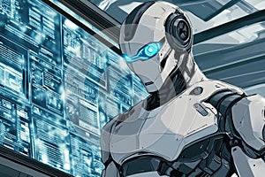 Illustration of a humanoid robot with a polished, silver exterior standing in front of a large