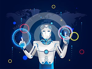 Illustration of humanoid robot working with virtual HUD interface screen for Artificial Intelligence (AI) era or virtual reality