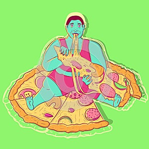 Illustration of a hungry and obese man sitting on top of a pizza with pepperoni, mushroom and cheese.