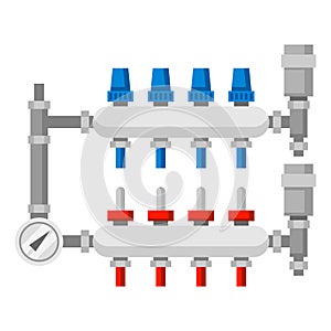 Illustration of hydronic manifolds. Industrial image of plumbing object.
