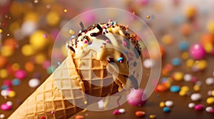An illustration of an ice cream cone with hundreds and thousands sprinkles falling on it against a brown background.