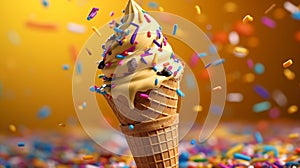 An illustration of an ice cream cone with hundreds and thousands sprinkles falling on it against a purple background.