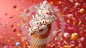 An illustration of an ice cream cone with hundreds and thousands sprinkles falling on it against a red background.