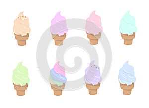 Illustration ice cream cones multiple colors flavours isolated white background