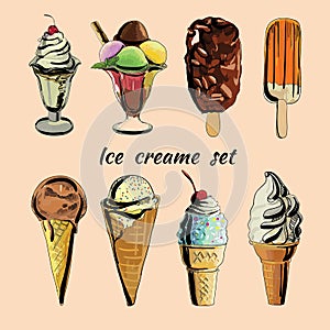 illustration of ice creame set. Hand drawn decorative dessert for menu design.