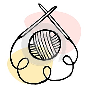 Illustration, icon, drawn ball of thread and circular needles on abstract spots. Love for knitting.