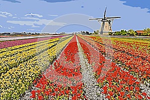 Illustration of a Rainbow color tulip farm