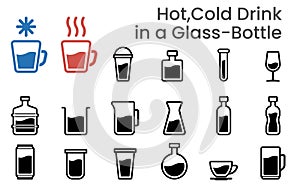 Illustration icons vector sets of Hot and Cold drink in a cup glass and bottle