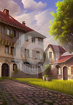 Illustration of a Idyllic European Charm: A Serene View of an Old House and its Lush Garden