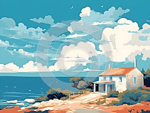 Illustration of idyllic seaside house, rendered in dreamlike, stylized art - generative AI