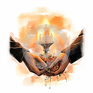 Illustration of Igniting a Unity Candle in Watercolor and Ink