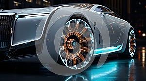 An illustration of a illuminated futuristic rolls royce, viewed from the front