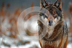 Illustration of one gray wolf standing in the snow, high quality, high resolution