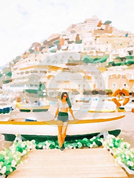 Illustration image of blurry painting of Positano on Summer with brunette bikini girl standing near white boat on beach