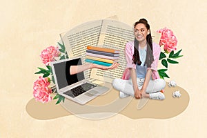 Illustration image collage of cute girl student sitting studying elibrary hand from display laptop hold books isolated