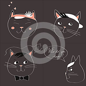 Illustration with the image of four cats and text Who do you choose on a gray background. Vector