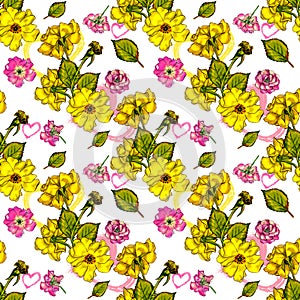 Illustration with the image of garden roses and hearts. Spring-summer theme. Seamless pattern.
