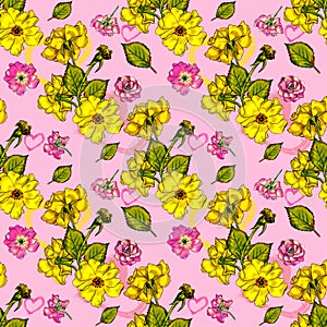 Illustration with the image of garden roses and hearts. Spring-summer theme. Seamless pattern.