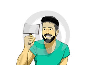 Illustration image of happy bearded man wearing t-shirt holding blank white sign on white background photo