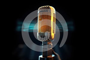 Illustration of an image of a microphone with sound waves. Audio microphone retro style.