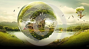 Illustration image, Nature and Sustainability, Eco-friendly Living and conservation, Concept art of Earth and animal life in