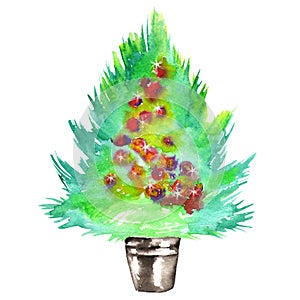 Illustration (image) with a watercolor green Christmas tree with the toys (balls)