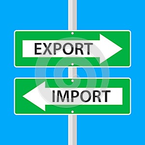 Illustration of import and export directional green signs.