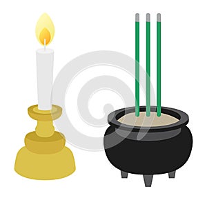 Illustration of the incense holder and the candlestick of Buddhism