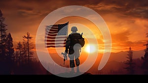 Illustration for Independence Day of the United States, July 4th - Soldier with American flag under a beautiful sun. Generative AI photo