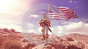 Illustration for Independence Day of the United States, July 4th - Soldier with American flag under a beautiful sun. Generative AI photo
